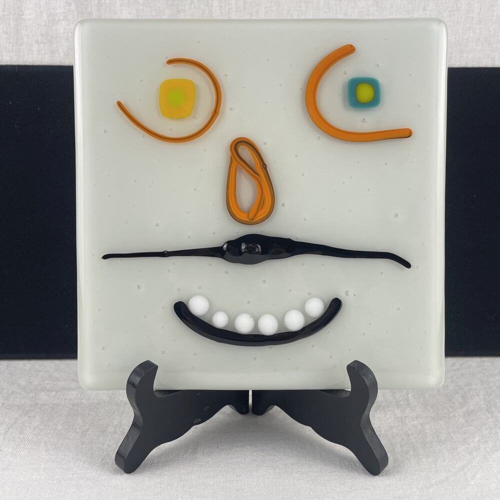 Handmade Fused Glass Face Art Plate 7" Signed I Sheldon 2015 Modern Whimsical